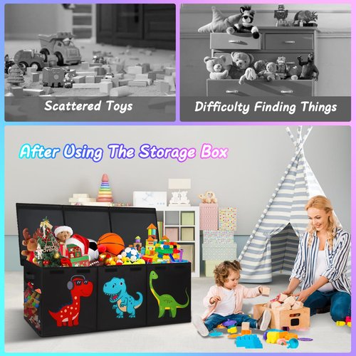 Extra Large Toy Box, Collapsible Sturdy Toy Storage Organizer with Lids, Dinosaur Toy Box for Boys Girls, 40"x16"x16" Kids Toy Chest Bin Baskets for Living Room, Playroom, Bedroom, Nursery, Black