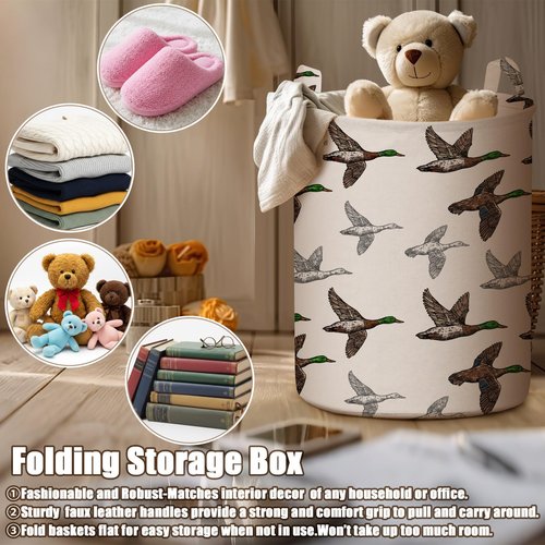 Weysat 4 Pcs Mallard Duck Laundry Basket Round Laundry Hamper Easter Basket Stuffer Waterproof Collapsible Clothes Storage Bin Organizer with Handles for Home Closets Bedrooms Nursery Room Decor