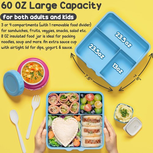 Fimibuke Kids Bento Lunch Box - Leakproof & Insulated Food Jar with Lunch Bag & Water Bottle | 3-4 Compartments