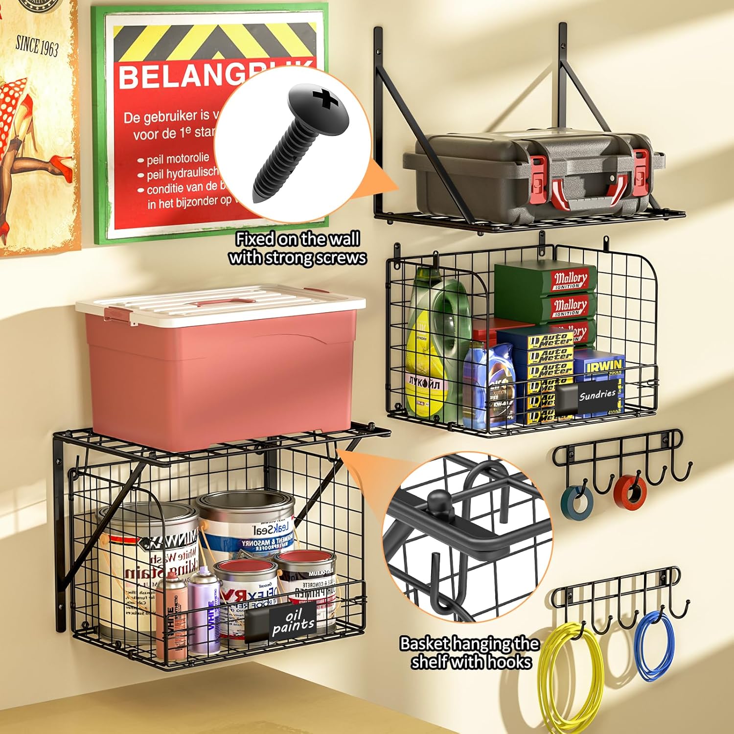 ThreeHio Garage Shelves - Heavy Duty Wall Mounted Shelving with Wire Baskets & Hooks | 2 Pack Tool Organizer