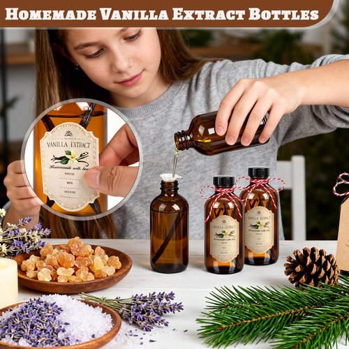 GGOLDMER 18 Pack 8oz Amber Glass Boston Round Bottles, Brown Vanilla Extract Bottles with Phenolic Polycone Caps for Homemade Vanilla, Syrup, Kombucha, Essential Oils, Gift Giving