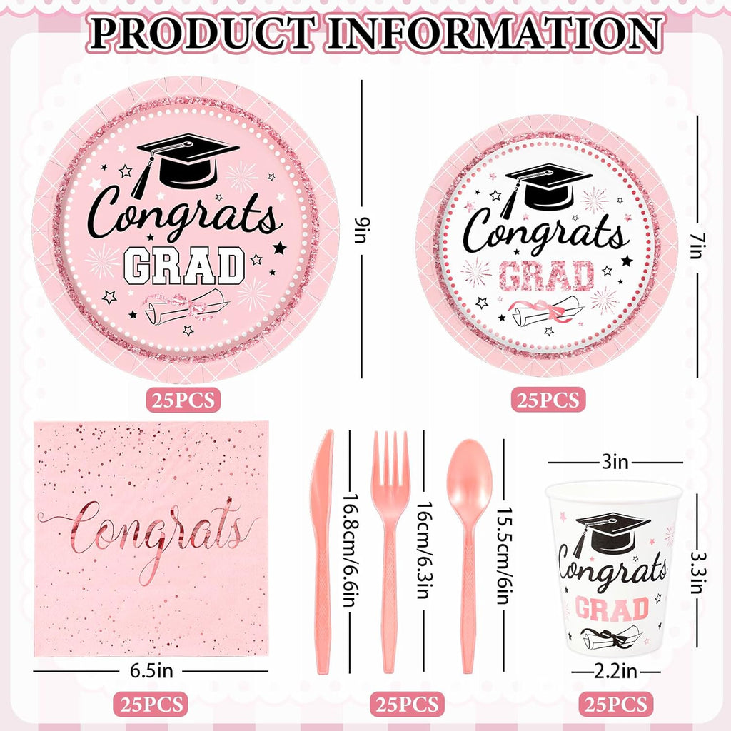 Whaline Graduation Paper Plates Set - 175 Pcs Pink Dinnerware for 25 Guests | Disposable Tableware & Napkins