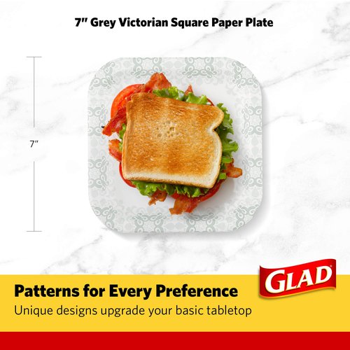 Glad Square Heavy Duty Paper Plates, Soak Proof and Cut Proof Disposable Plates for Parties and Everyday Meals, Microwaveable for Easy Serving, Grey Victorian Pattern, 7 Inch, 50 Count - 12 Pack