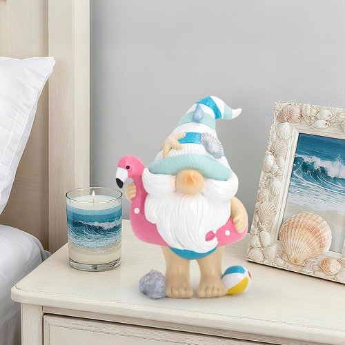 Hodao Coastal Ocean Gnome Decorations - Hand-Painted Beach Gnome Figurine with Flamingo Float & Seashell Hat