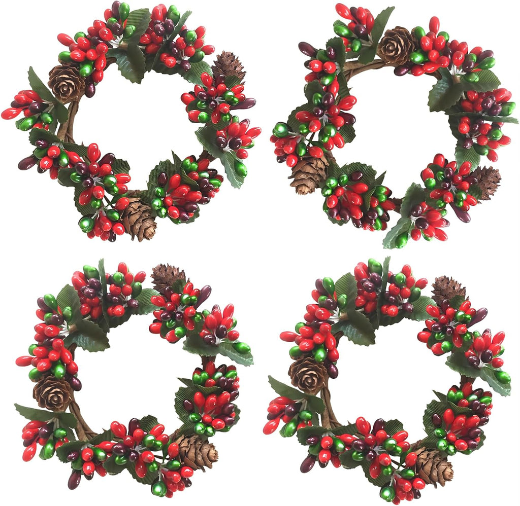 Skiennix Mini Christmas Candle Rings - Red Berry Pinecones & Artificial Berries | Perfect for Holiday Decor