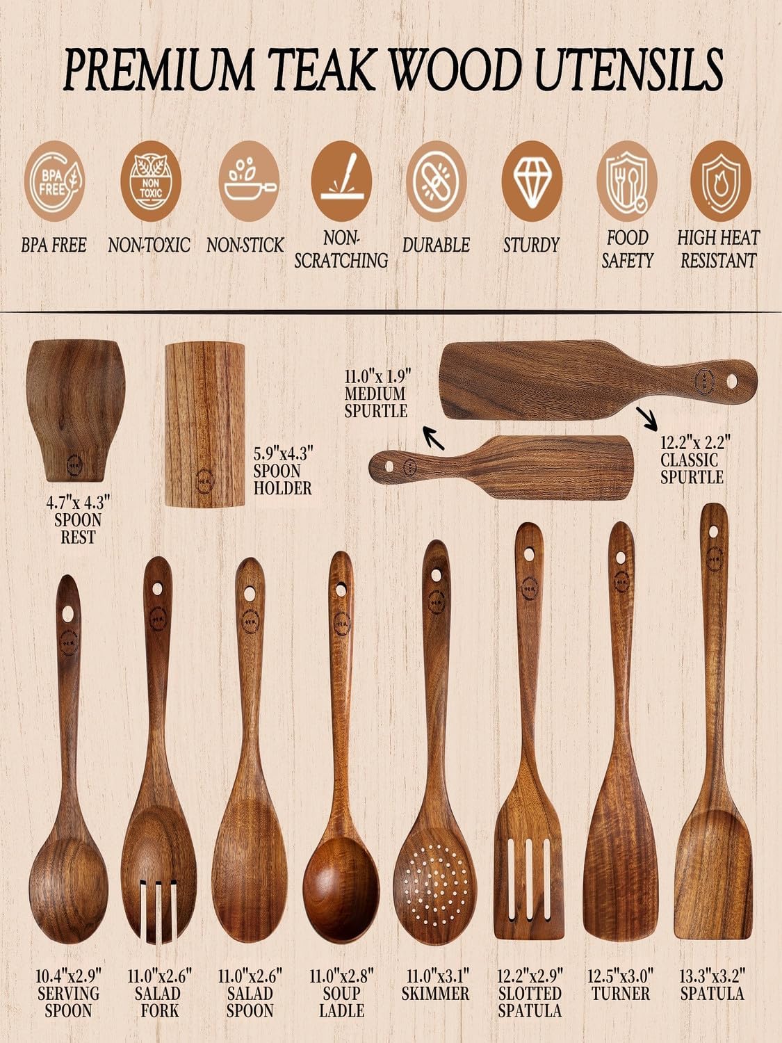 Skiennix 12-Piece Natural Teak Wood Utensil Set - Nonstick Cooking Tools with Holder & Rest