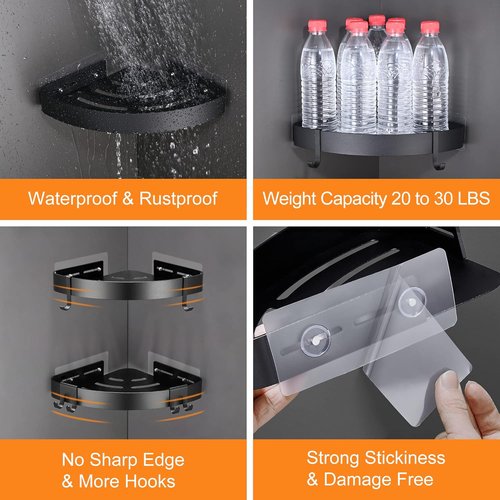 DUFU Adhesive Corner Shower Caddy - Rust Proof Aluminum Bathroom Organizer | No Drilling, 2 Pack (Black)