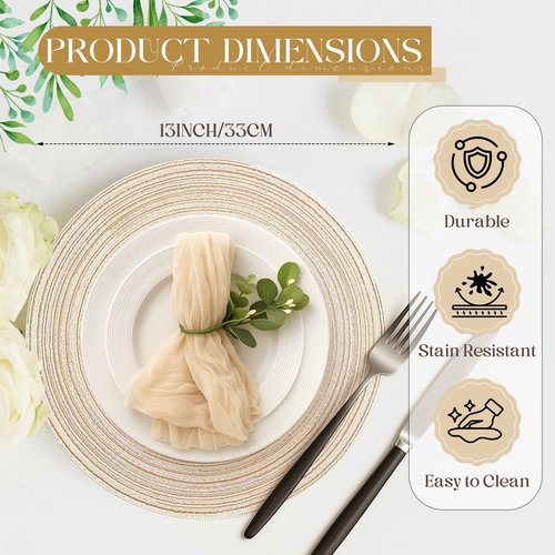 Geosar 100 Pcs Disposable Paper Placemats Cotton Woven Look 13'' Round Placemats Rustic Disposable Table Pads Bulk for Dining Table Decoration Birthday Wedding Bridal Baby Shower Party(Beige)