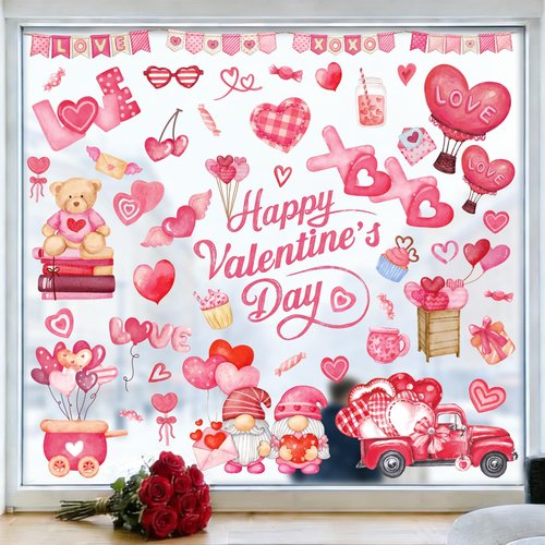 GULWAT 123 PCS Valentines Day Window Clings Decorations, 9 Sheets Red Pink Heart Happy Valentines Window Decals for Home Office Classroom Anniversary Party Store Glass Crafts Stickers Decor