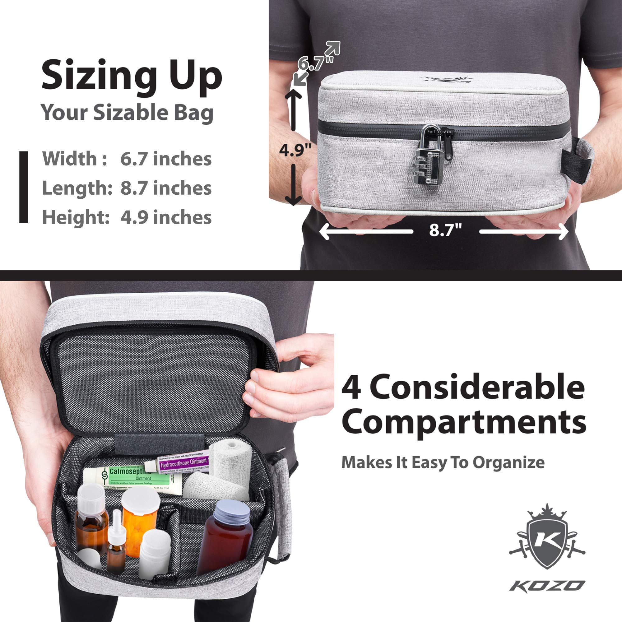 KOZO Smell proof Bag with Combination Lock – Portable Bags with Tightly Locking Zippers and 7 Layers of Carbon-Woven Fabric – Durable Case, 4.9 x 6.7 x 8.7 In. (Gray)