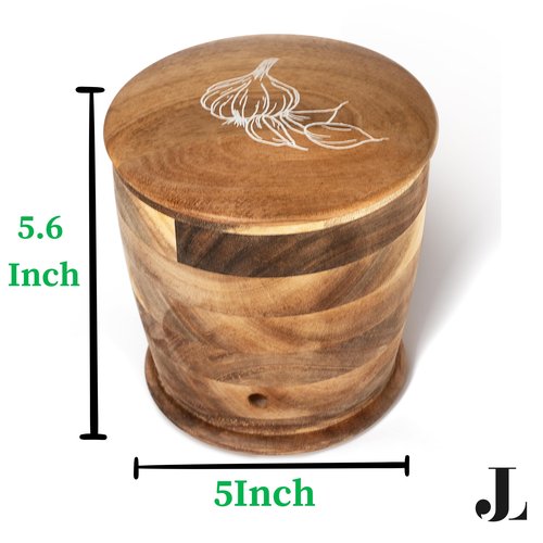 Jean Lemond Introducing The Always Fresh Acacia Garlic Keeper For Counter. A Crafted Large Garlic Storage Jar. A Rustic Garlic Holder Container Pot Saver With Lid.