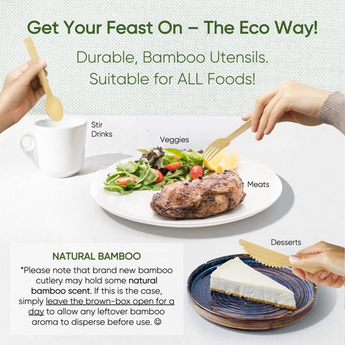EcoPreps Premium Pre-Rolled Napkin and Bamboo Cutlery Set (100 Pack, 400 PCS) 100% Biodegradable, Eco-Friendly, Disposable Wrapped Cutlery - Includes Pre-Wrapped Bamboo Forks, Knives, Spoons, Napkins