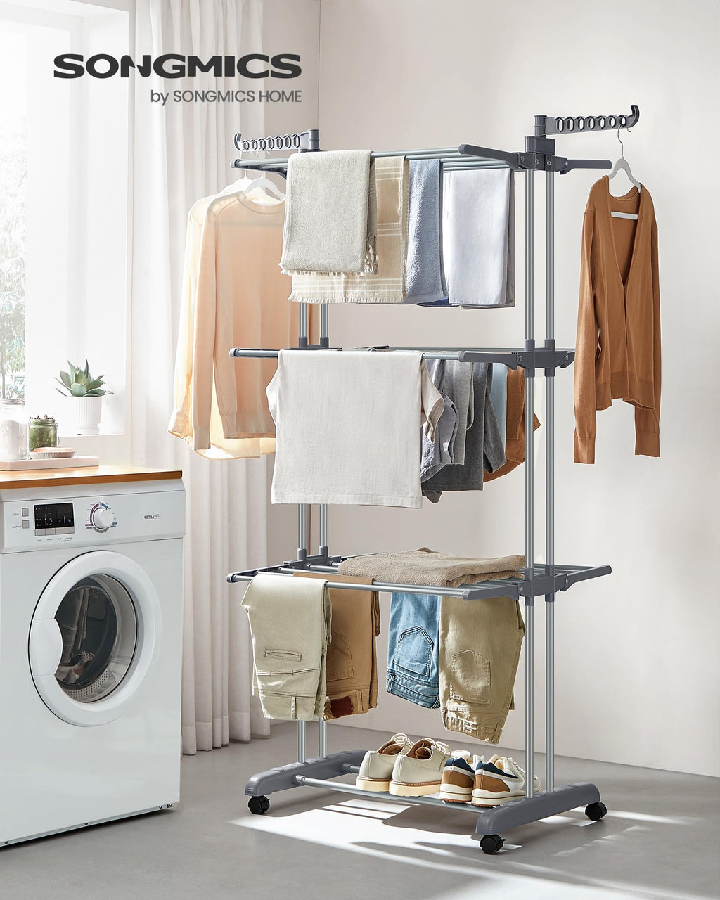 SONGMICS Clothes Drying Rack Stand 4-Tier, Foldable Laundry Drying Rack 68.1-Inch Tall, Steel, Rolling Clothes Horses Dryer Rack, Easy to Assemble, Indoor Outdoor Use, Dove Gray ULLR701G01