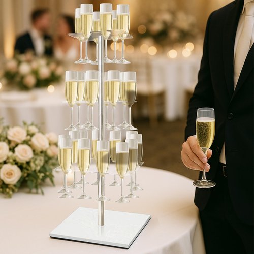 VERSSURE Champagne Tower with Marble Base, 26 Slots Champagne Display Rack for Serving and Drying, 3-Tier Cocktail Tree Stand for Drinks, Square Champagne Stand Holder for Wedding and Party (White)