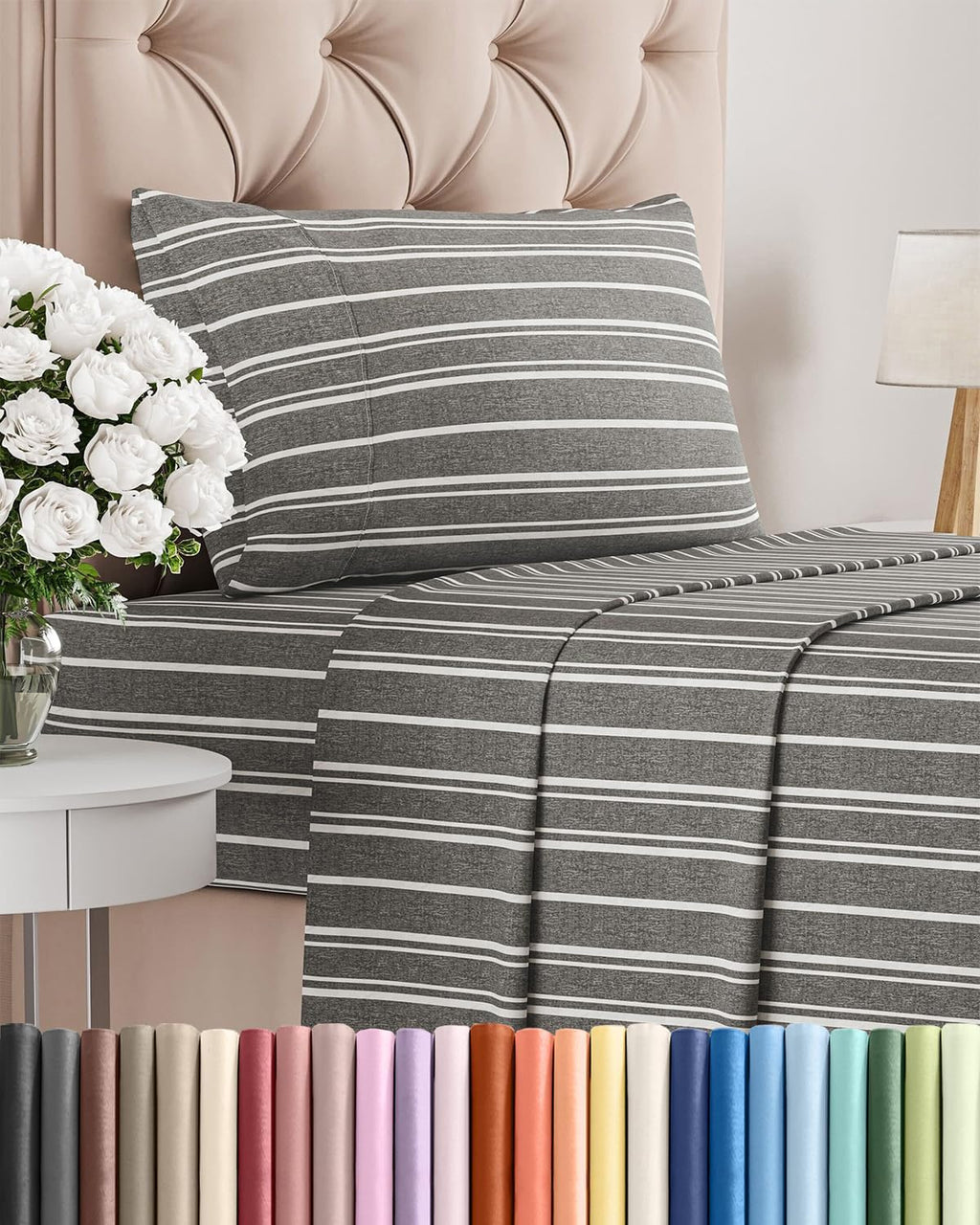 Skiennix Twin Size Sheet Set - Comfy Cooling Bed Sheets - Hotel Luxury Bedding - Deep Pockets, Soft, Wrinkle-Free - Grey Stripes