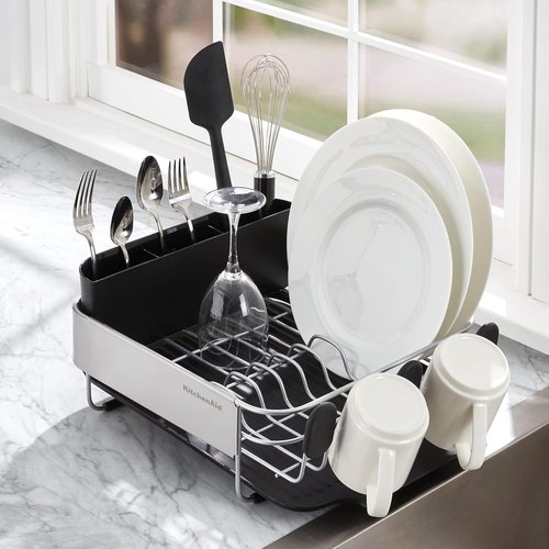KitchenAid Dish Rack - Compact, Rust Resistant Design with Removable Caddy & Self-Draining Drainboard | 16.06-Inch, Black
