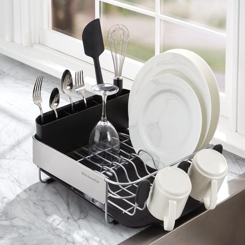 KitchenAid Compact, Space Saving Rust Resistant Dish Rack with Removable Flatware Caddy and Angled Self Draining Drainboard, 16.06-Inch, Black