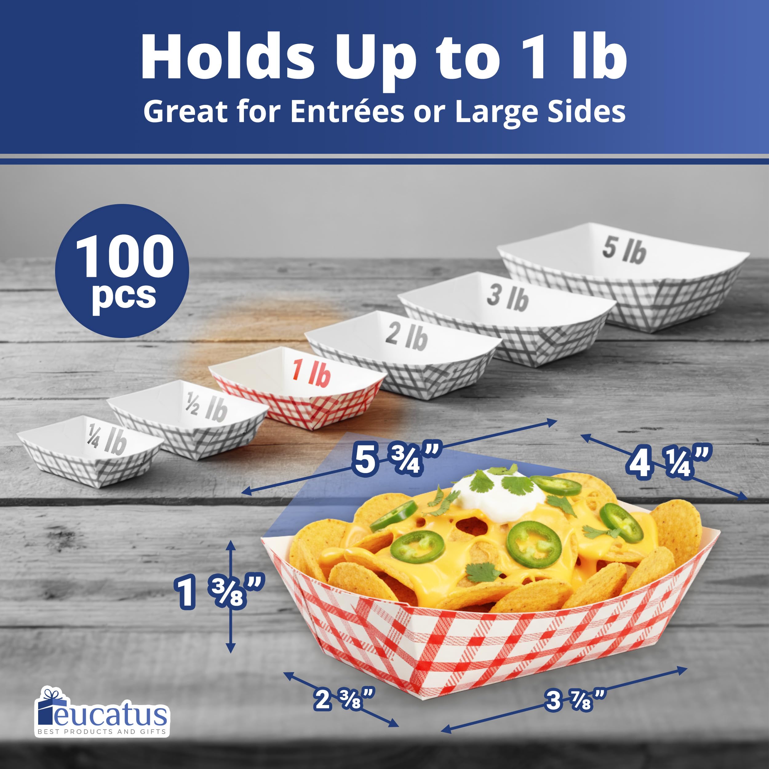 Heavy Duty, Greaseproof 1 Lb Paper Food Trays 100 Pk. Recyclable, Coated Mini Paperboard Baskets. Ideal Tray for Festival, Carnival and Concession Stand Treats Like Fries, Ice Cream and Onion Rings