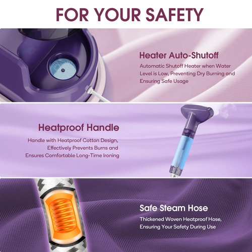 Newbealer Standing Garment Steamer - 1500W Full-Size Vertical Clothes Steamer with Foot Pedal, 57.5oz (1.7L) Large Water Tank, 45s Fast Heat-Up, 50-Min Powerful Steaming, Auto-Off (Purple)