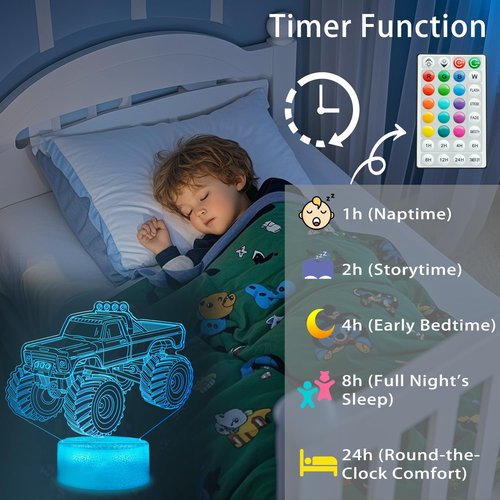 Monster Truck Night Light, Monster Truck Gifts, 3D Illusion Lamp with 16 Colors Changing, Remote Control with Timer, Dimmer, Kids Room Decoration for Holiday Birthday Christmas