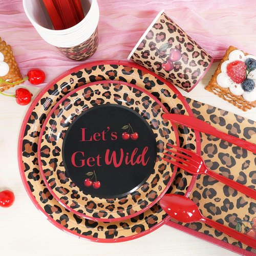 Red Cheetah Print Birthday Party Decorations Plates Set 25 Guests,175pcs Plates Napkins Cups Cutlery Set, Y2K Cherry Leopard Print for Girls Night Big Mama Women