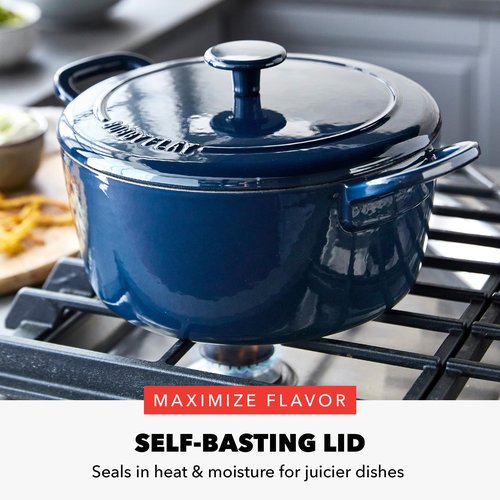 GreenPan x Bobby Flay 5.5QT Enameled Cast Iron Round Dutch Oven with Lid, Dual Handles, Oven Safe to 500F & Induction Suitable, Self Basting Lid, Ultra-Durable, Sear, Braising, Bread, Stews, Cobalt