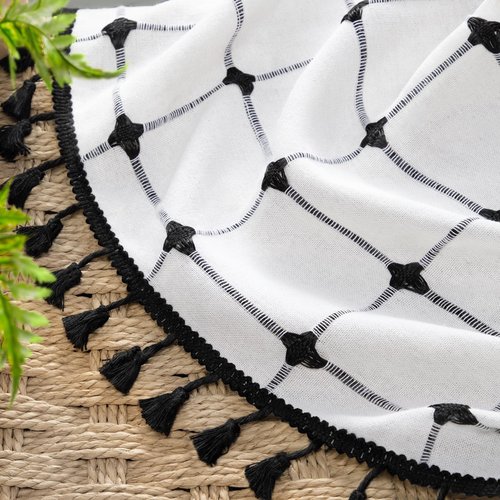 NDDYCU Black and White Shower Curtain Boho Linen Fabric with Embroidered Plaid Pattern and Tassels for Bathroom,72" W×72" L