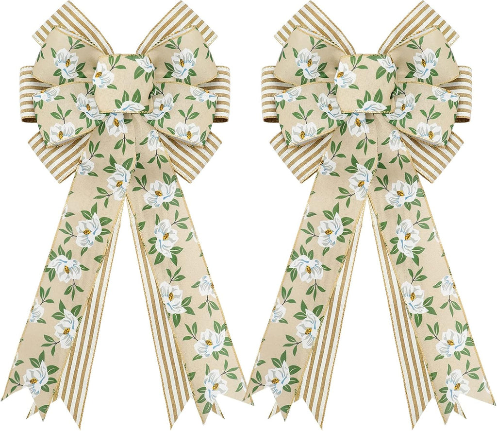 Whaline Spring Magnolia Wreath - Rustic Wired Edge Bow | Large 11 x 21 Inch Floral Decor for Home & Parties