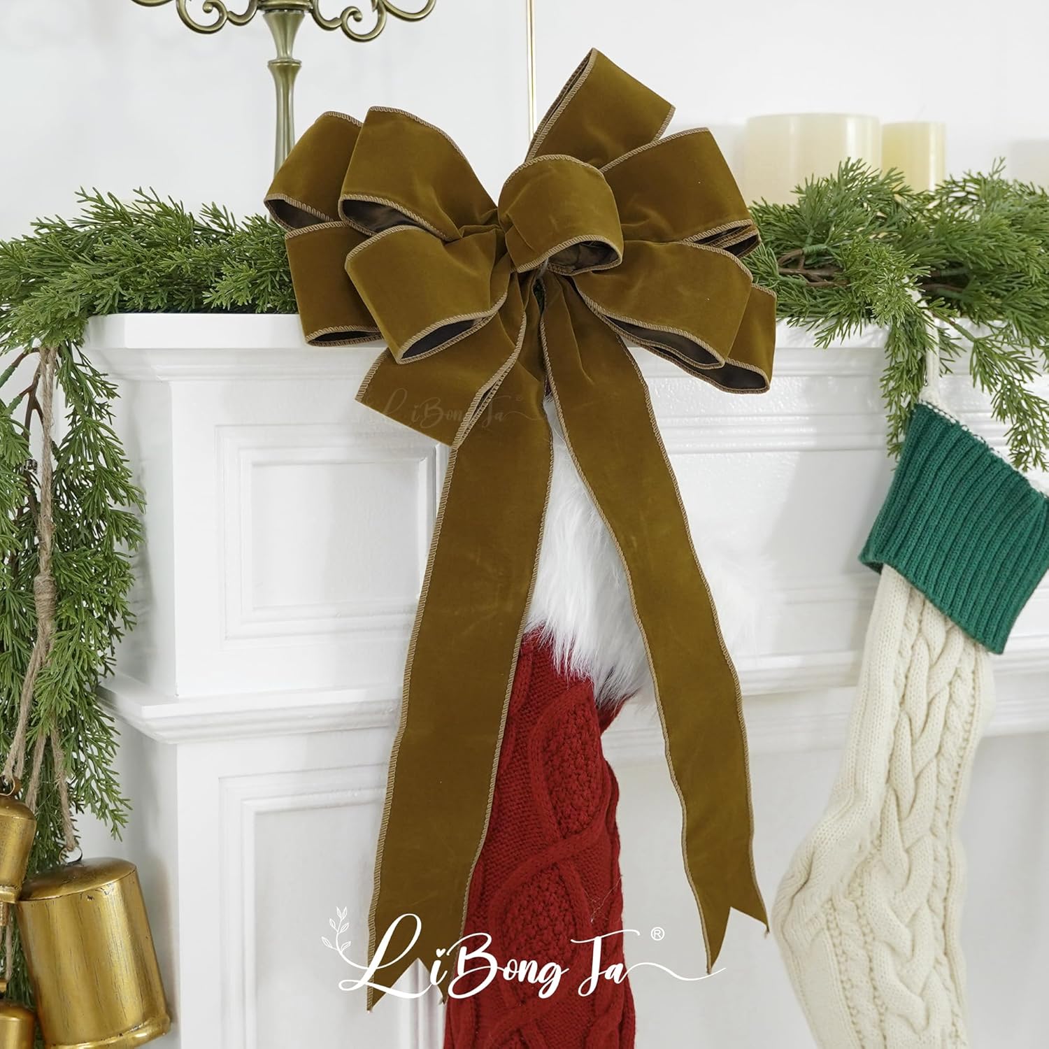 Skiennix 13-Inch Khaki Velvet Bow - Pre-Tied Rustic Decoration for Christmas Trees & Wreaths