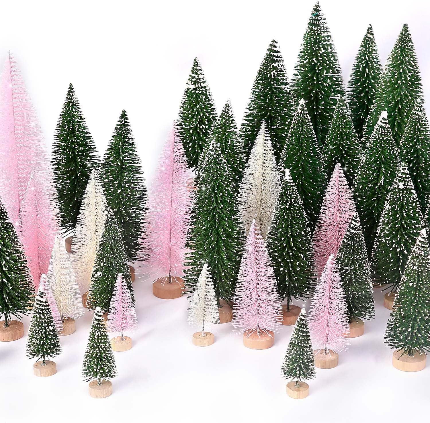 Skiennix 30Pcs Mini Christmas Trees - Artificial Bottle Brush Trees with Wooden Base for Holiday Decor | Green, Beige, Pink