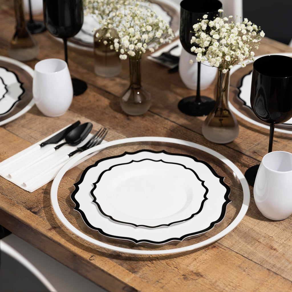 PLASTICPRO 128 Pack Elegant Disposable Plastic Plates Combo Set Bulk Pack Includes 64 Dinner Plates and 64 Salad Plates Heavy Duty Fancy Party Plates White with Black Contemporary Design