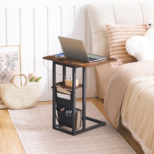 HOOBRO Foldable End Table with Charging Station, C Shaped Side Table with Storage Bag, Slide Under Sofa Couch Table for Small Spaces in Living Room, Bedroom, Easy Assembly, Rustic Brown BF101USF01