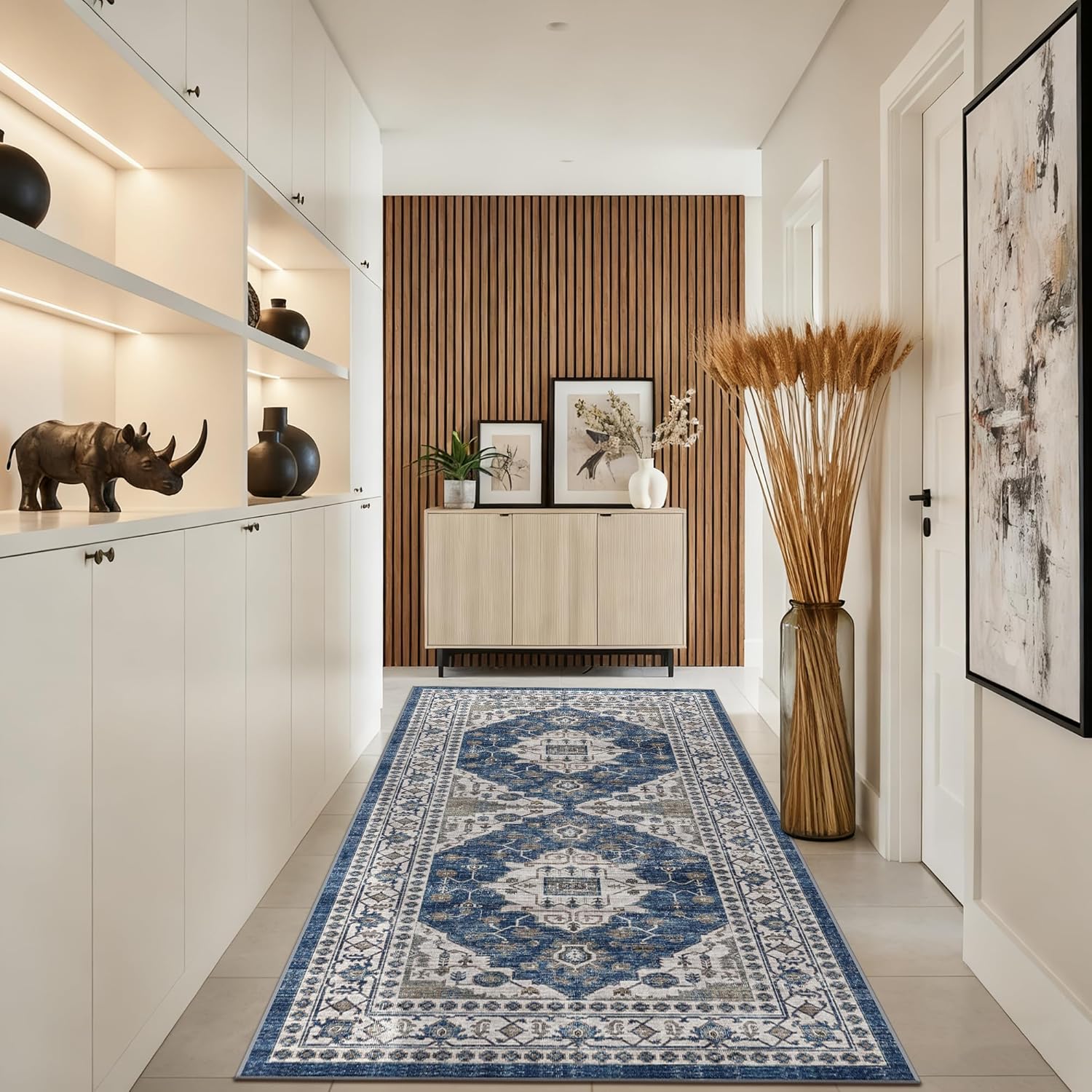 Skiennix Washable 4x8 Hallway Runner Rug - Vintage Soft Non-Slip Carpet for Entryway & Kitchen | Blue
