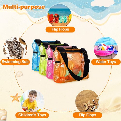 4 Pieces Mesh Beach Bag Colorful Sand Toy Seashell Collecting Bag Adjustable Kids Quick Dry Net Tote for Seashell Collecting Sand Toy Swimming Accessories Gift for Boys and Girls