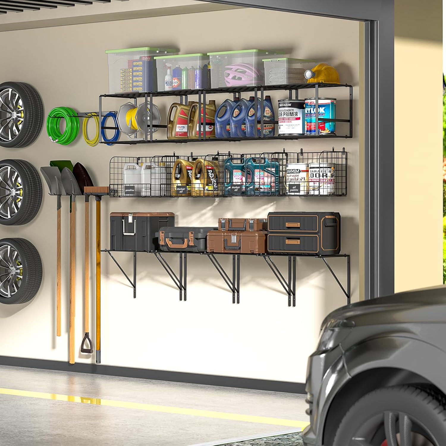 ThreeHio Garage Shelf - Heavy Duty Wall Mounted Storage with Wire Baskets & Tool Rack | Ideal for Home & Garden Organization