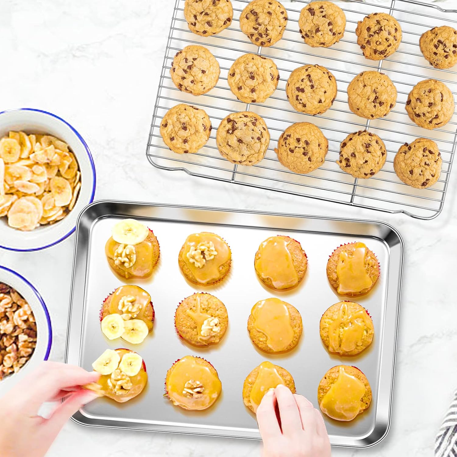 P&P CHEF 17.5 Inch Stainless Steel Baking Sheet Set - 2 Pans & Racks for Cookies | Oven & Dishwasher Safe