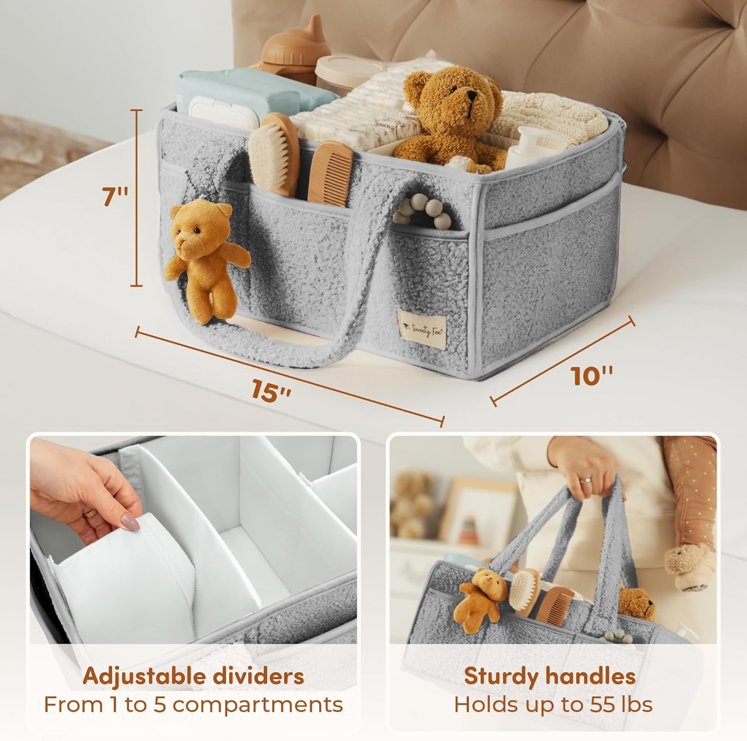 Sweety Fox Baby Diaper Caddy Organizer - Portable Sherpa Nursery Basket | Grey Car Diaper Organizer & Gift