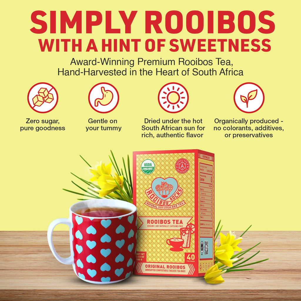 Caffeine Free Red Rooibos Tea Bags 40 - Naturally Sweet Herbal Tea Safe for Children and Pregnant Women - Low Tannin, Premium Organic Rooibos Tea Sustainably and Ethically Farmed in South Africa