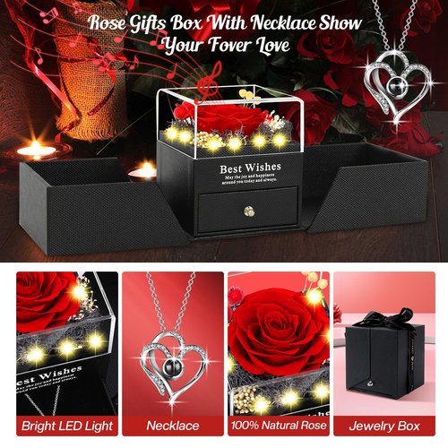 Pasuvsigt Valentines Day Rose Gifts for Her, Preserved Real Rose with I Love You Heart 100-Language Necklace, LED Lights & Music Box, Anniversary Birthday Valentines Gifts for Women Girlfriend Mom