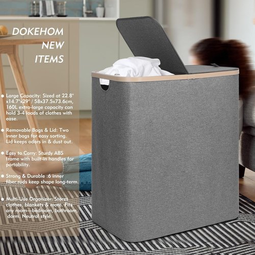 DOKEHOM 160L Double Laundry Basket - Large Collapsible Hamper with Removable Lid & Bags | Dark Grey