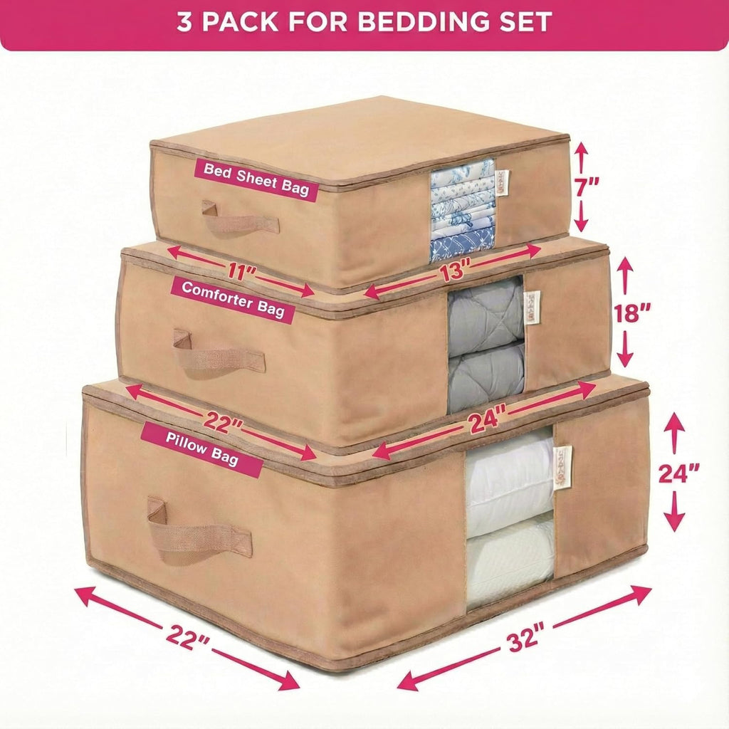 Cedar Storage Bag Organizer by [Brand Name] | Protects Bedding from Moths & Moisture | Set of 3 Beige Bags