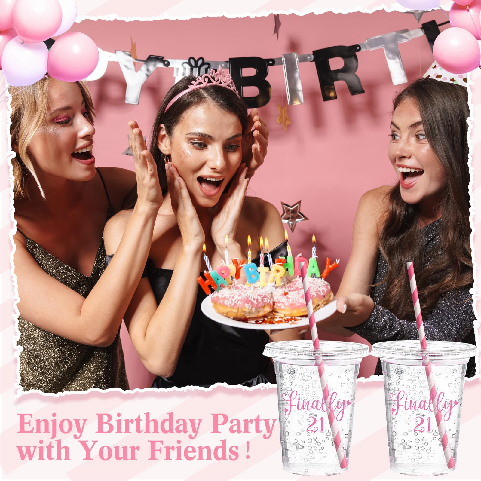 Funnymoom 50 Sets 21st Birthday Cups for Women 16 oz Plastic Cups with Lids and Straws Clear Happy Birthday Disposable Drinking glasses Bulk for Finally 21 Anniversary Party Supplies
