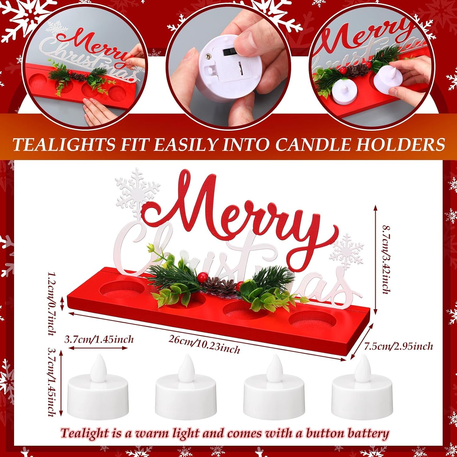 Rossesay Flameless Tea Light Candle Stand - Merry Christmas Table Centerpiece Decoration | Holiday Gift