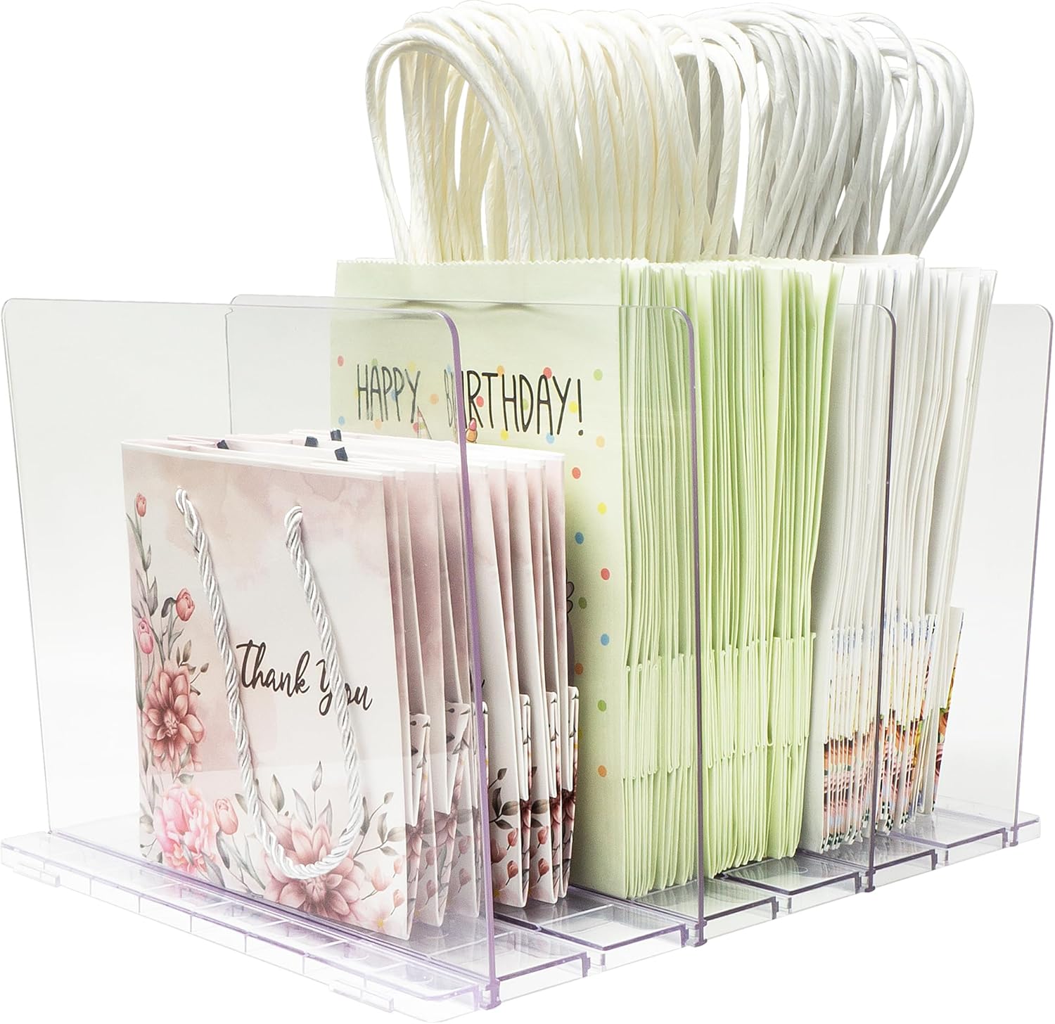 Skiennix Gift Bag Storage Organizer - Clear Acrylic Design with Adjustable Shelf Divider | 1 Pack