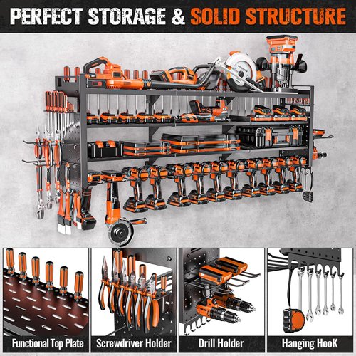 Heavy Duty Tool Organizer by 49.8" W - 14 Cordless Drill Holders | 4-Layer Garage Storage Rack, Black