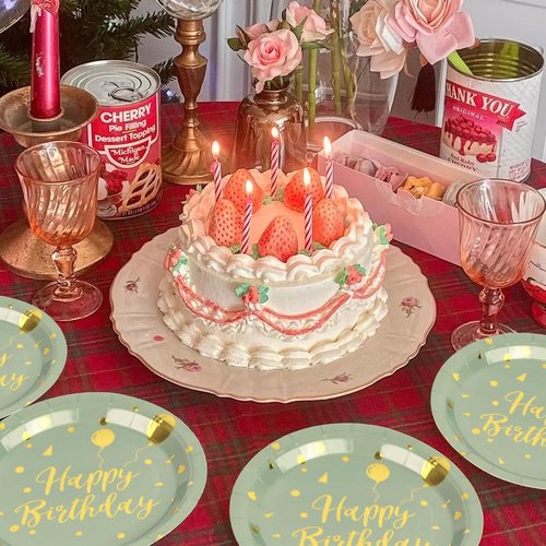 50 Pack Sage Green and Gold Happy Birthday Paper Plates, 7 inch Metallic Foil Polka Dots Disposable Dessert Party Supplies Plates for Graduation St Patricks Wedding Holiday Christma Party Decorations