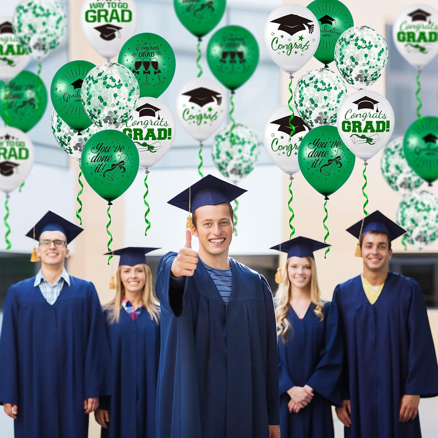 Whaline Graduation Party Balloon Set - 60 Pcs Green & White Confetti Latex Balloons | 7 Designs with Ribbon