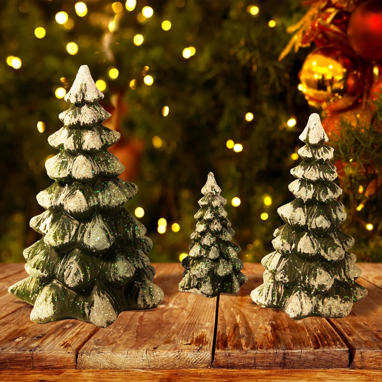 Skiennix Winter Wonderland Village Scene - 3-Piece Pine Accessory Figurine Set | Christmas Tree Decorations, Green