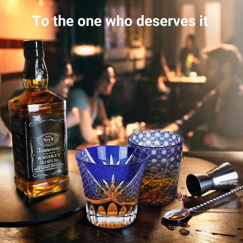 SANMENMO Edo Tokyo Kiriko Whiskey Glasses- Japanese Style Luxury Handcrafted High Transparency Crystal Royal Lucky Blue Pattern Crystal Cocktail Tumbler- Gift for Men, Scotch,Wine and Rum Lovers-1 Cup