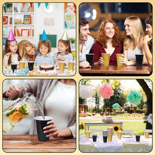 KesaPlan 100PCS 16 oz Black and Gold Disposable Plastic Cups - Perfect for Graduation, Weddings, and Parties